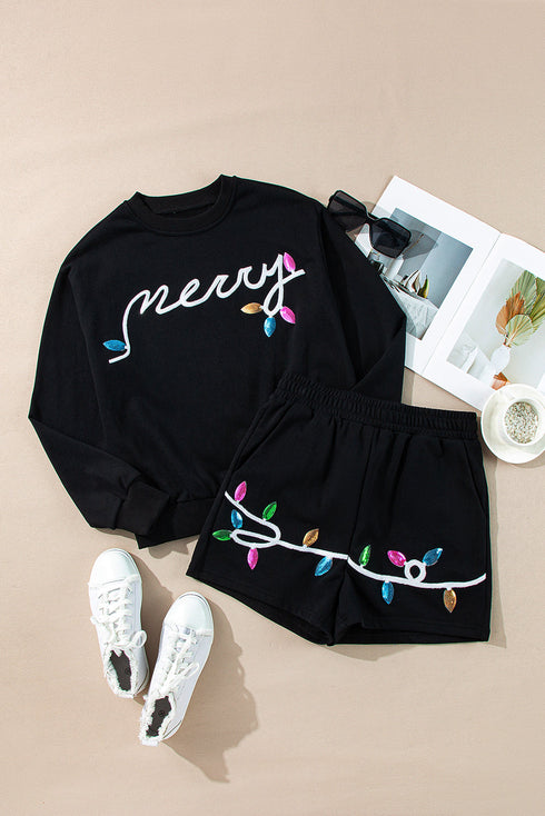 Casual Sequin Letter Print Pullover Short Sets