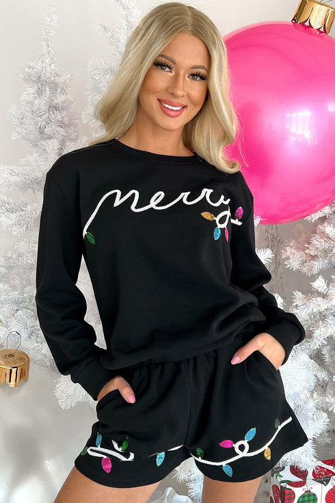 Casual Sequin Letter Print Pullover Short Sets