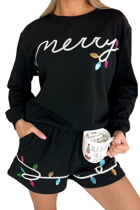 Casual Sequin Letter Print Pullover Short Sets