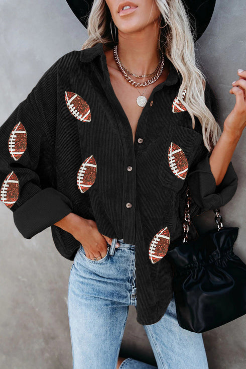 Casual Sequin Rugby Pattern Buttoned Corduroy Jacket