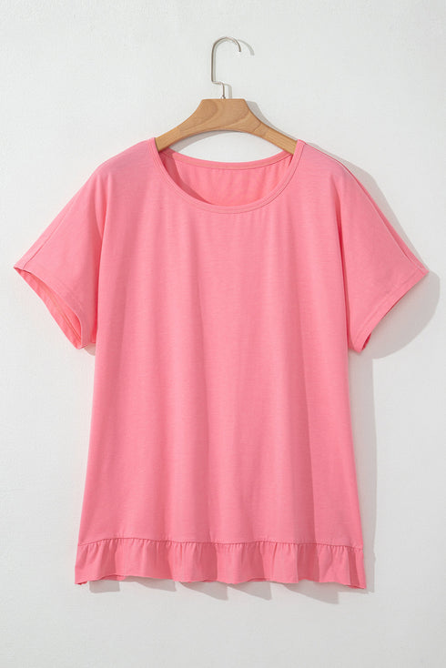 Casual Short Sleeve Loose Fit Frill Hem T-Shirt