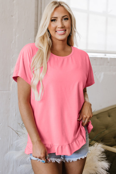 Casual Short Sleeve Loose Fit Frill Hem T-Shirt