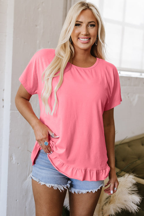 Casual Short Sleeve Loose Fit Frill Hem T-Shirt