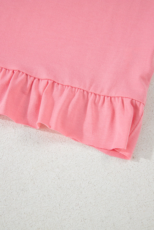 Casual Short Sleeve Loose Fit Frill Hem T-Shirt