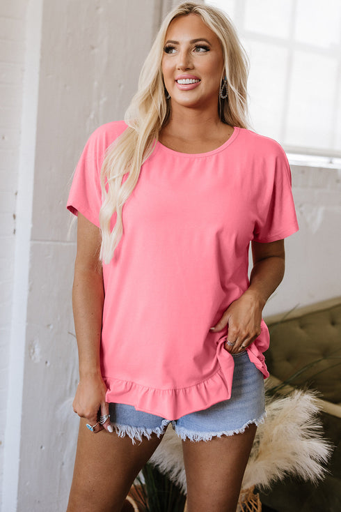 Casual Short Sleeve Loose Fit Frill Hem T-Shirt