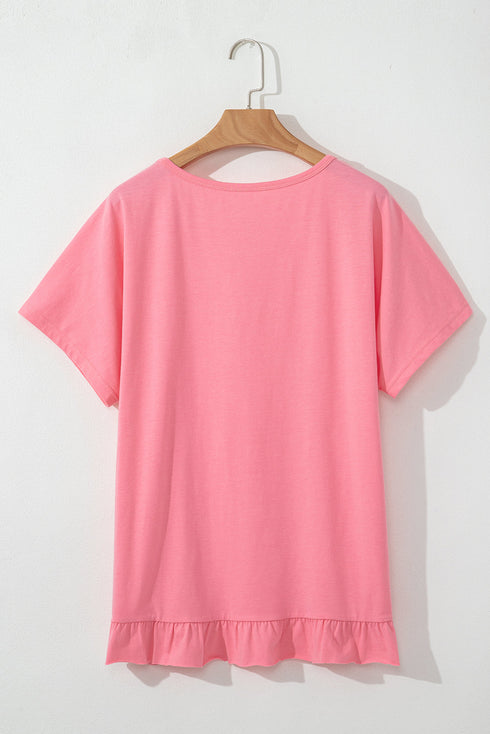 Casual Short Sleeve Loose Fit Frill Hem T-Shirt