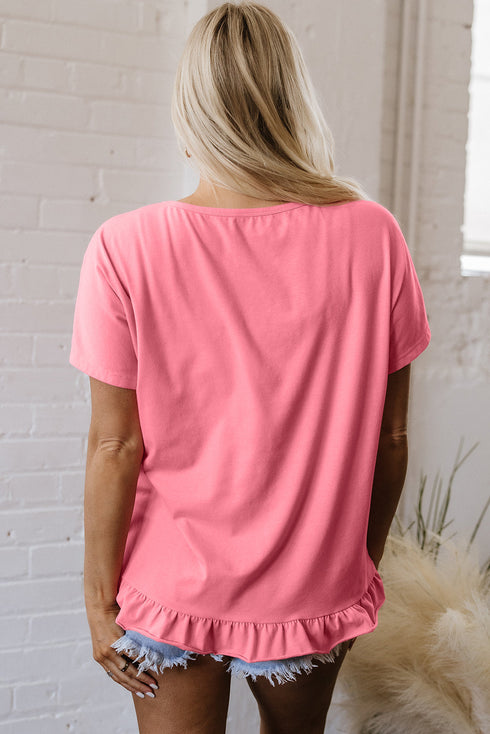 Casual Short Sleeve Loose Fit Frill Hem T-Shirt