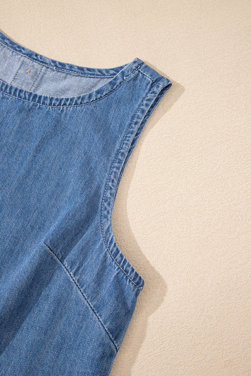 Casual Sleeveless Round Neck Ruffle Hem Denim Peplum Top