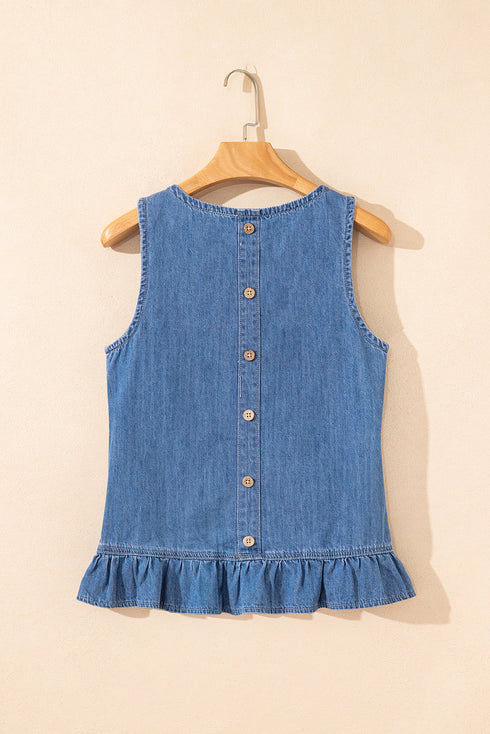 Casual Sleeveless Round Neck Ruffle Hem Denim Peplum Top