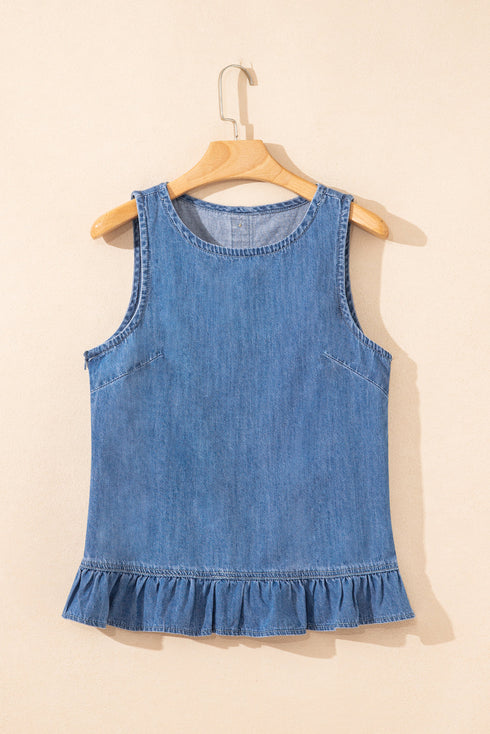 Casual Sleeveless Round Neck Ruffle Hem Denim Peplum Top