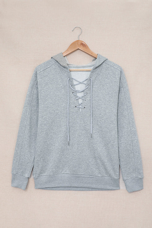 Casual Solid Color Lace-Up Hoodie