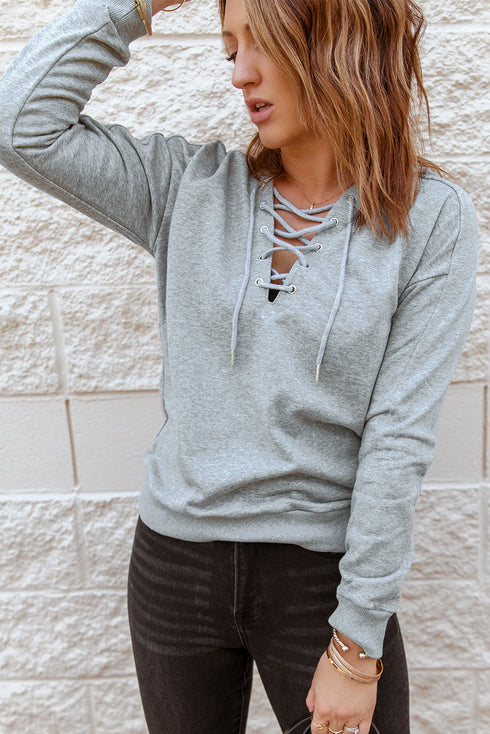 Casual Solid Color Lace-Up Hoodie