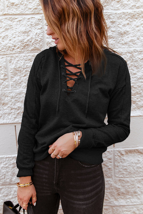 Casual Solid Color Lace-Up Hoodie