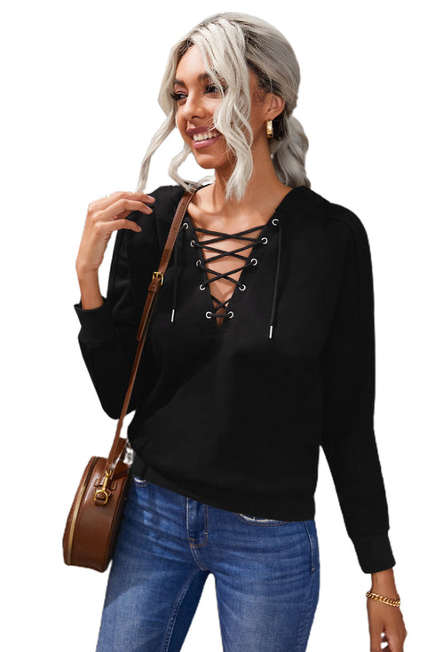 Casual Solid Color Lace-Up Hoodie