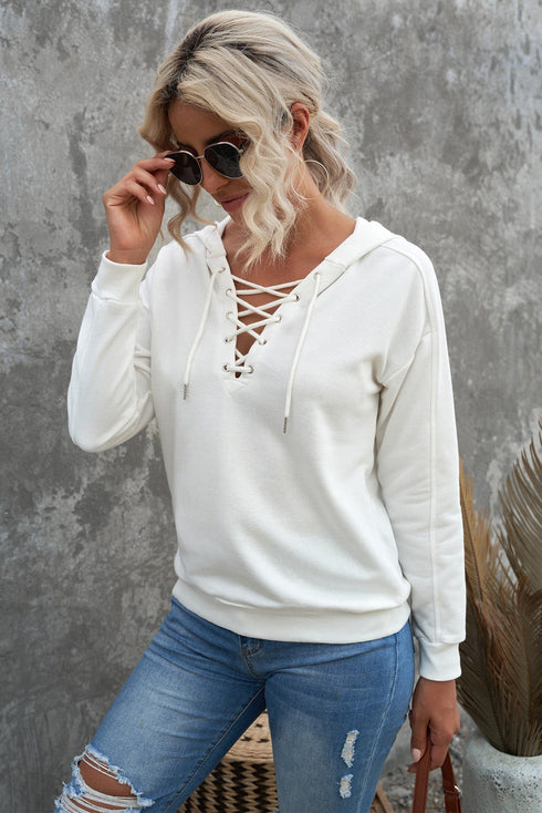 Casual Solid Color Lace-Up Hoodie