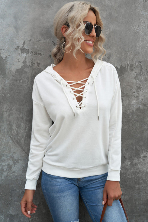 Casual Solid Color Lace-Up Hoodie