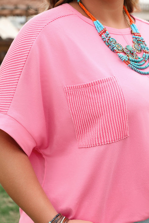 Casual Solid Corded Patchwork Pocket Plus Size Tee