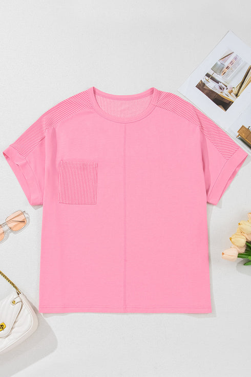 Casual Solid Corded Patchwork Pocket Plus Size Tee
