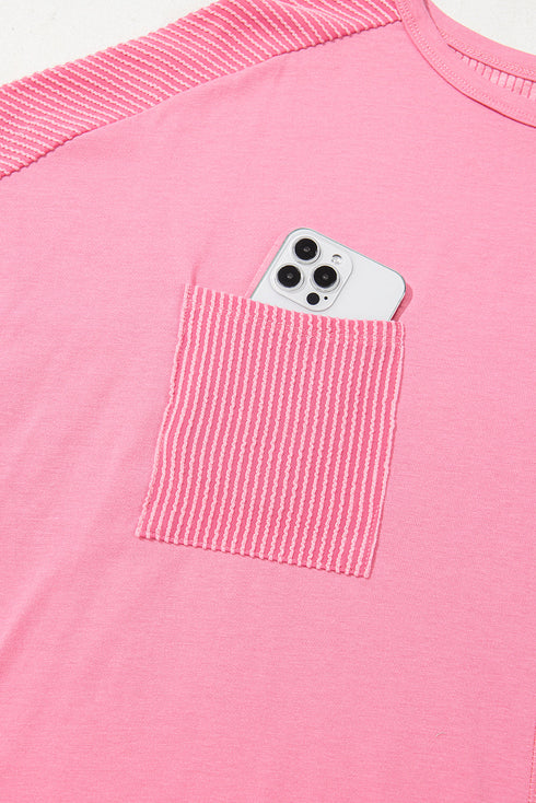 Casual Solid Corded Patchwork Pocket Plus Size Tee