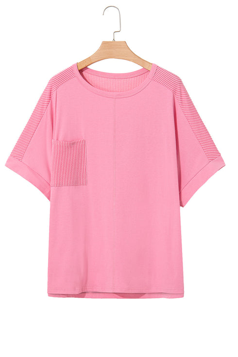 Casual Solid Corded Patchwork Pocket Plus Size Tee
