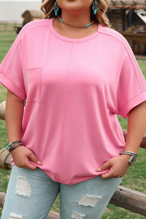 Casual Solid Corded Patchwork Pocket Plus Size Tee