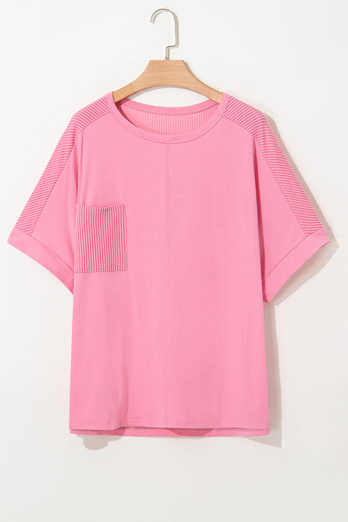 Casual Solid Corded Patchwork Pocket Plus Size Tee