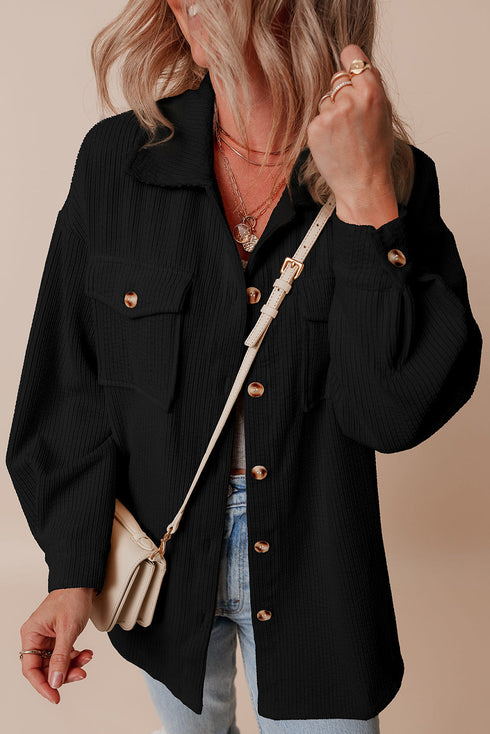 Casual Solid Corduroy Flap Pocket Button Up Jacket