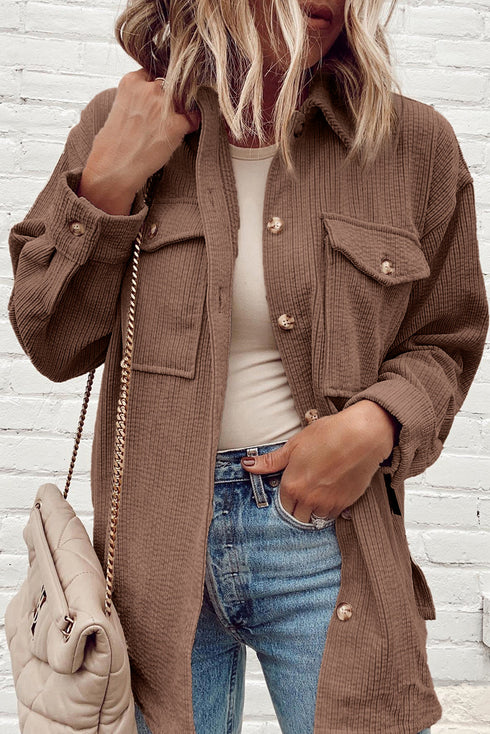 Casual Solid Corduroy Flap Pocket Button Up Jacket