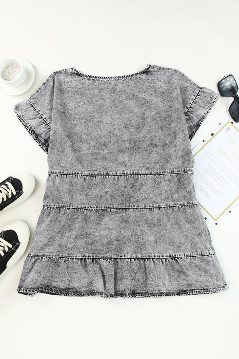Casual Solid Denim Tiered Flutter Sleeve Top
