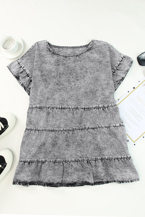 Casual Solid Denim Tiered Flutter Sleeve Top