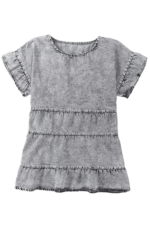 Casual Solid Denim Tiered Flutter Sleeve Top