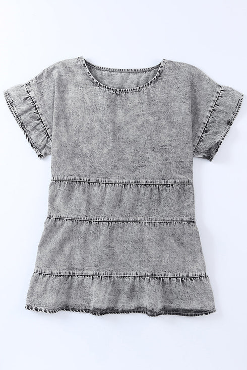 Casual Solid Denim Tiered Flutter Sleeve Top