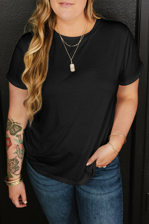Casual Solid Print Rolled Sleeve Round Neck Tee