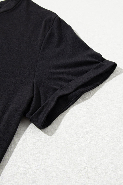 Casual Solid Print Rolled Sleeve Round Neck Tee