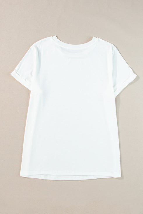 Casual Solid Print Rolled Sleeve Round Neck Tee
