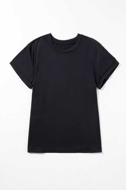 Casual Solid Print Rolled Sleeve Round Neck Tee
