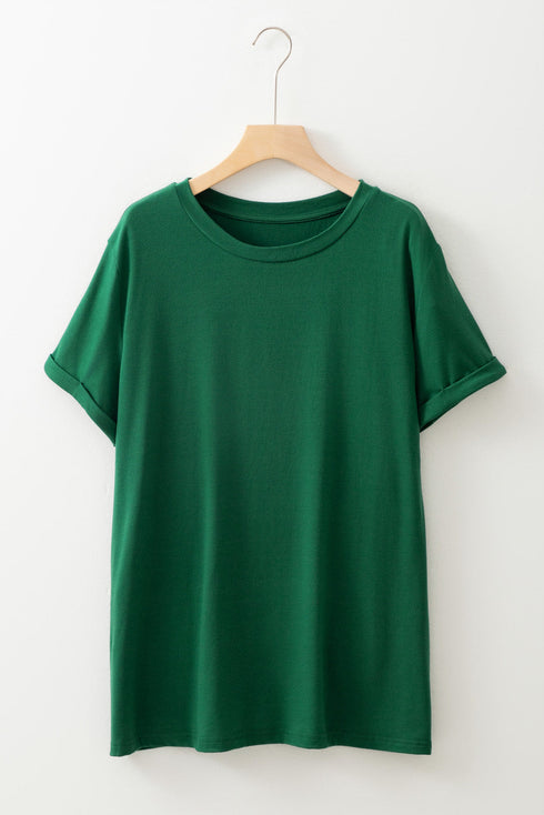 Casual Solid Print Rolled Sleeve Round Neck Tee