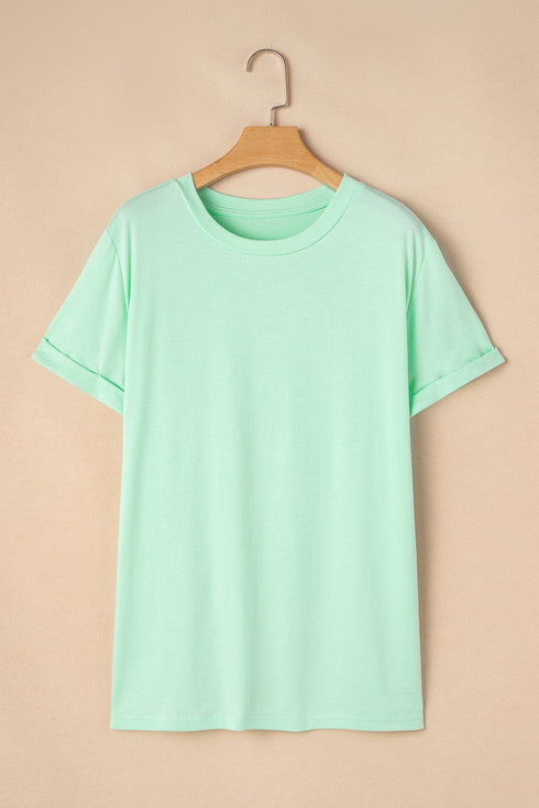 Casual Solid Print Rolled Sleeve Round Neck Tee