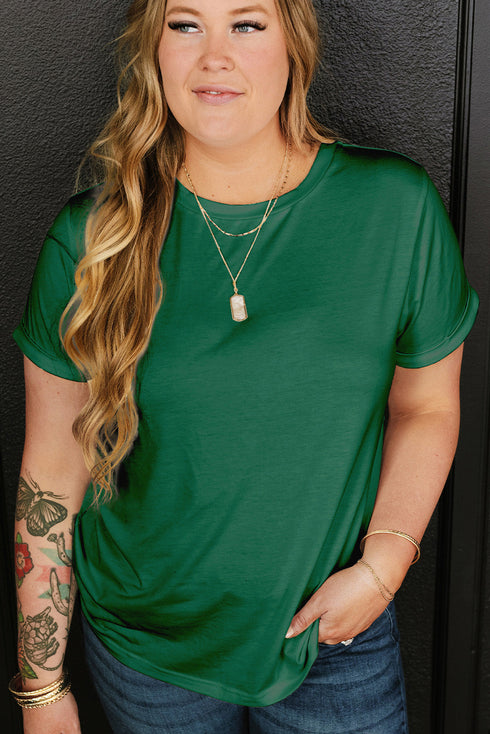 Casual Solid Print Rolled Sleeve Round Neck Tee