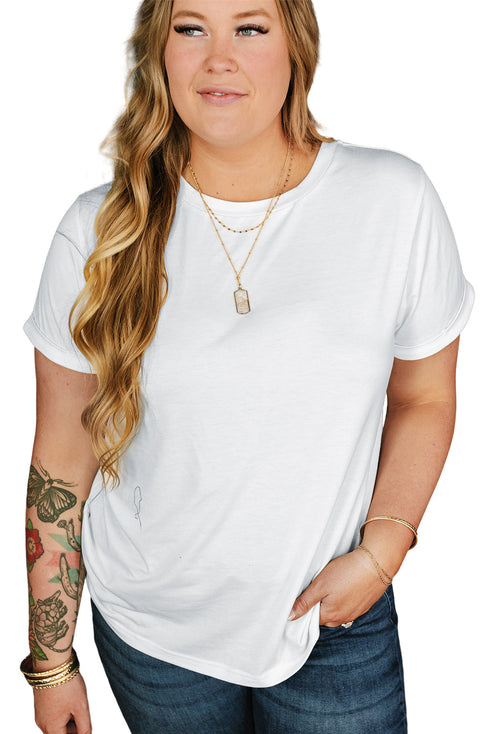 Casual Solid Print Rolled Sleeve Round Neck Tee