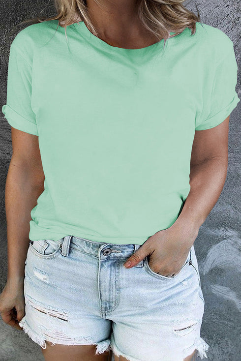 Casual Solid Print Rolled Sleeve Round Neck Tee