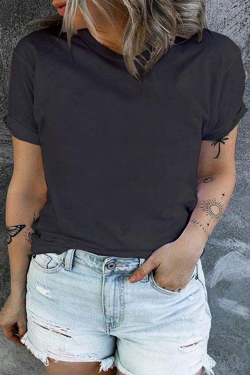 Casual Solid Print Rolled Sleeve Round Neck Tee