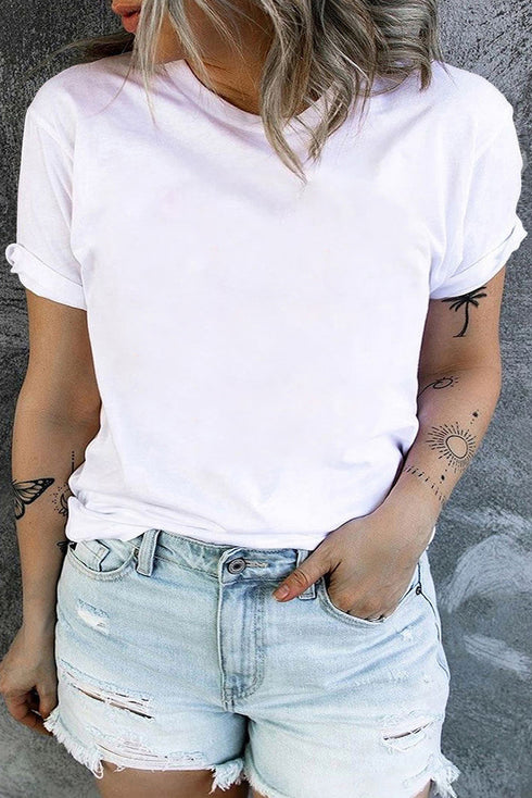Casual Solid Print Rolled Sleeve Round Neck Tee