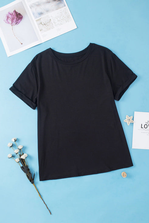 Casual Solid Print Rolled Sleeve Round Neck Tee