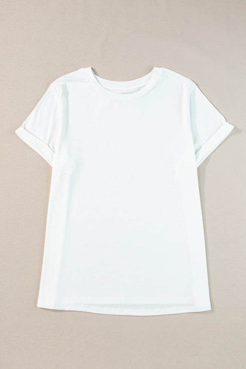 Casual Solid Print Rolled Sleeve Round Neck Tee