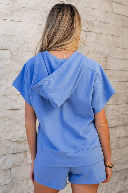 Casual Solid Short Sleeve Zip Front Hoodie Short Sets