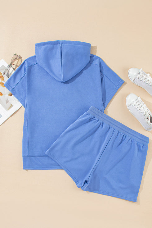 Casual Solid Short Sleeve Zip Front Hoodie Short Sets