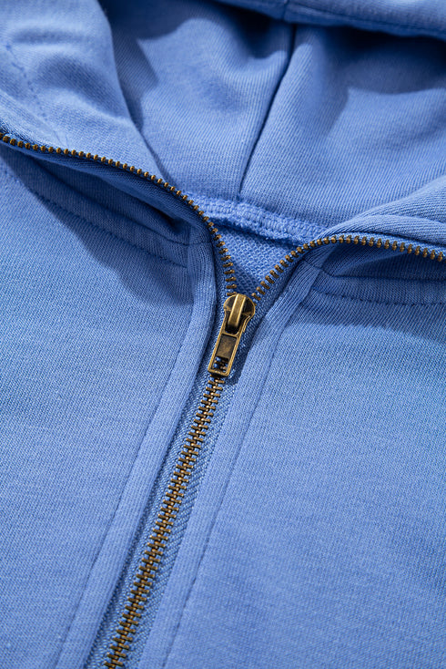 Casual Solid Short Sleeve Zip Front Hoodie Short Sets