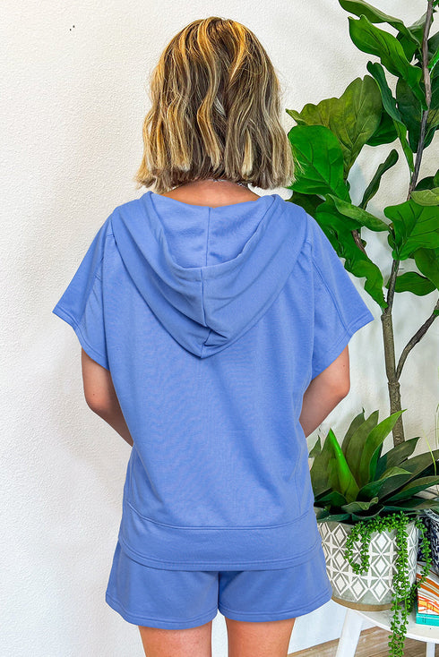 Casual Solid Short Sleeve Zip Front Hoodie Short Sets