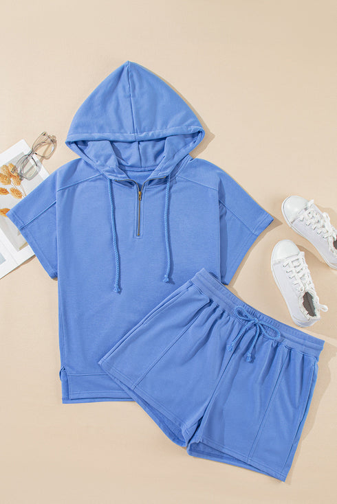 Casual Solid Short Sleeve Zip Front Hoodie Short Sets
